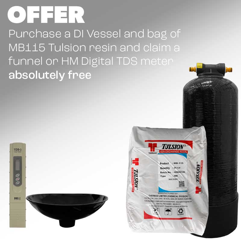 Special offer, buy a DI Vessel and a bag of resin and recieve either TDS-3 Meter or a DI funnel